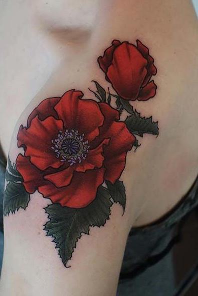 red rose colorful shoulder tattoo