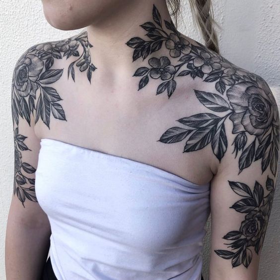 both shoulder tattoos flowers