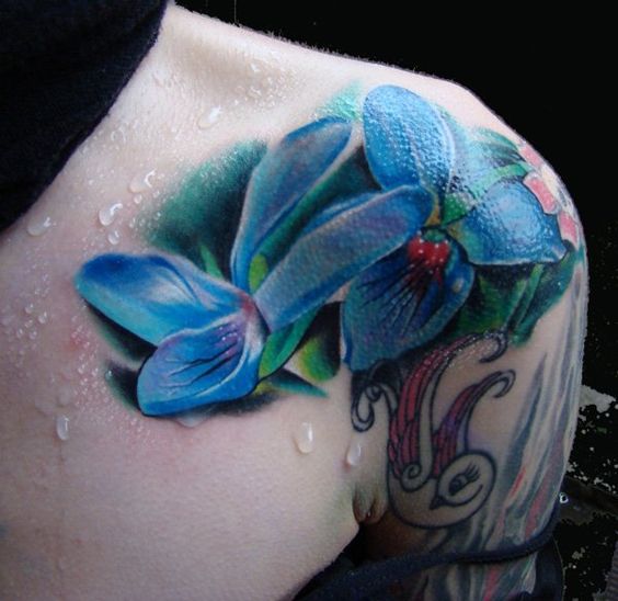 blue shoulder tattoos flowers