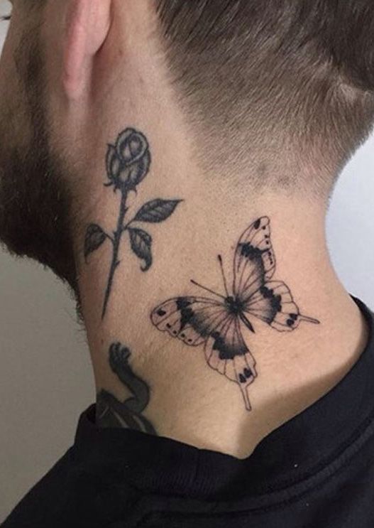Butterfly + Rose + Snake Tattoos on Neck