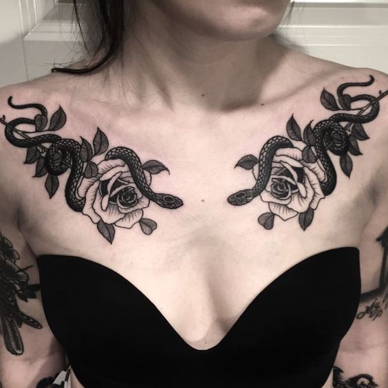 snake + Flower Chest Tattoos for women