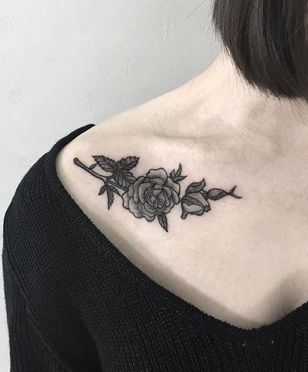collar bone rose chest tattoos for women