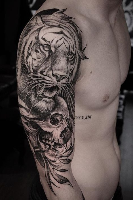 Tiger + Skull Tattoo on Arm