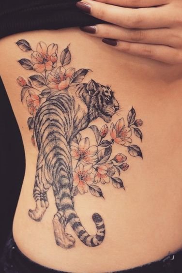 Tiger with Flower mixer Tattoo on Rib