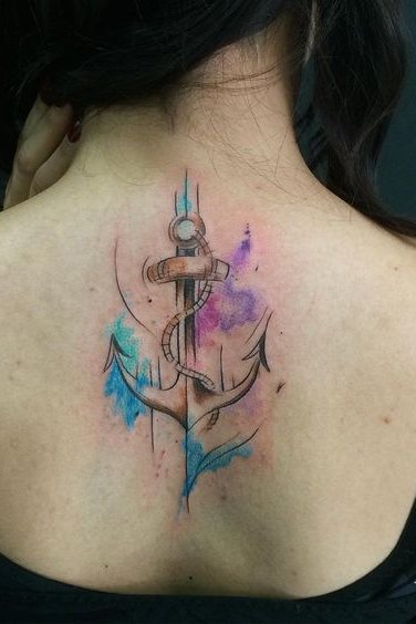 colorful anchor tattoo on back