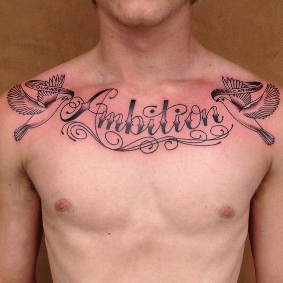 Dove + Word Tattoo on Chest 