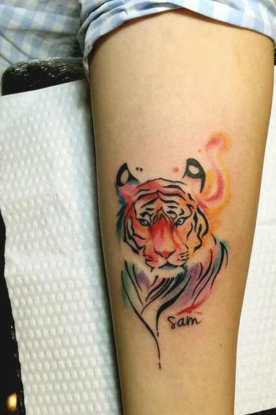 Colorful Tiger Tattoo on Sleeve