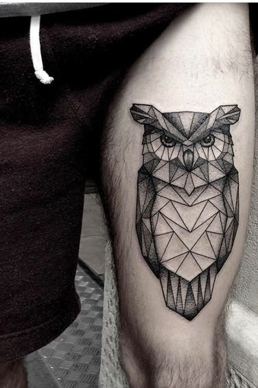 Geometric Owl Tattoo on Thigh 