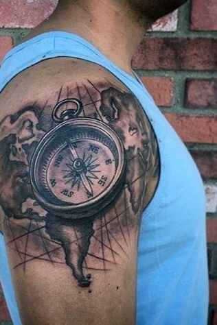 Compass + Map Shoulder Tattoo