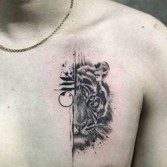 Half Face Tiger Tattoo on Chest 