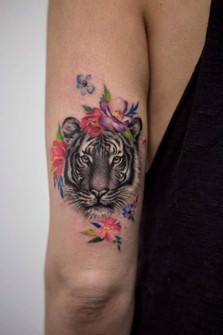 Tiger Face with Flowers Tattoo on Arm