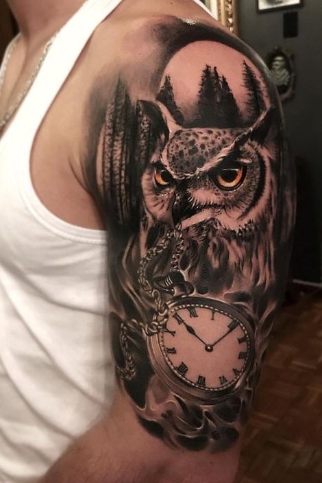 Watch + Owl Tattoo on Shoulder