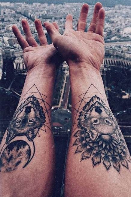 Mandala + Wolf Tattoos on Wrist