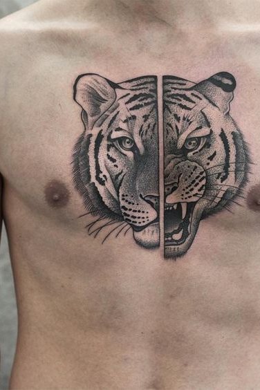 Chest Tiger Tattoo with Multiple Faces