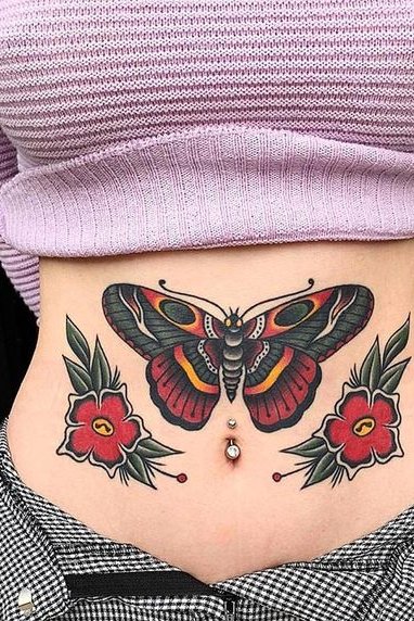 Flower and Butterfly Tattoo on Stomach