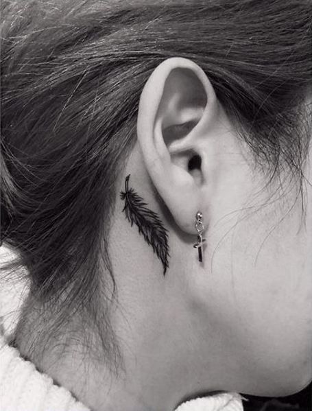 behind ear feather tattoo design