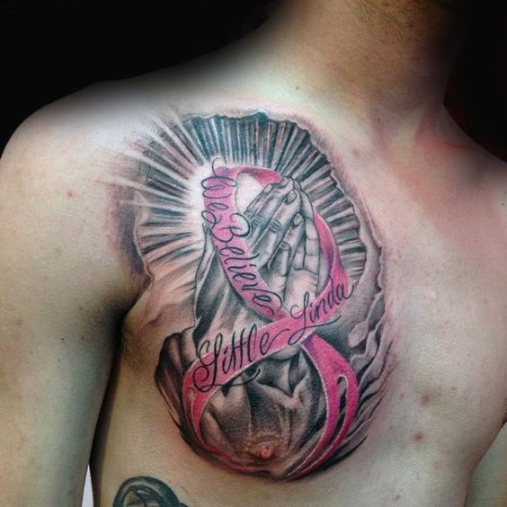 Text + Cancer Ribbon Tattoo on Chest