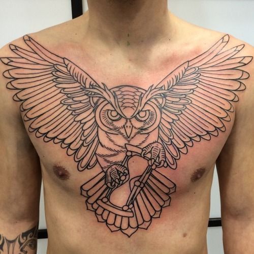 Large Owl Tattoo on Chest