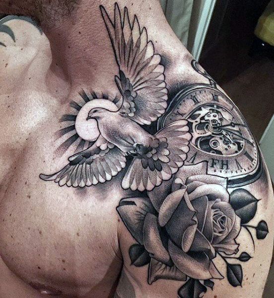 Compass + Rose + Dove Tattoo on Shoulder