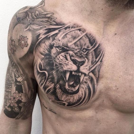 Lion + Flower Tattoo on Shoulder + Chest