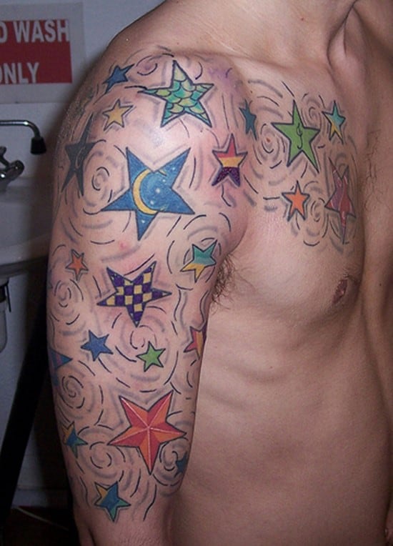Colorful Stars Tattoo on Shoulder for Men