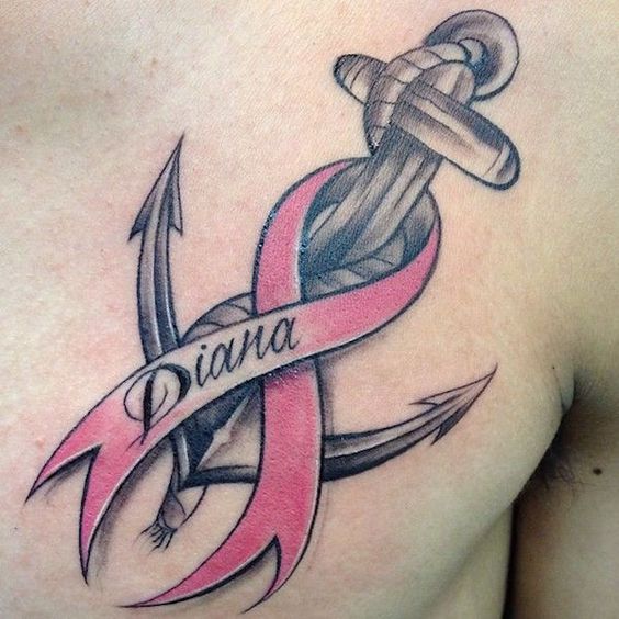 Anchor + Cancer Ribbon Tattoo on Chest