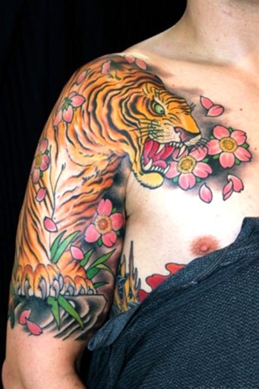 Tiger + Flowers Tattoo on Shoulder