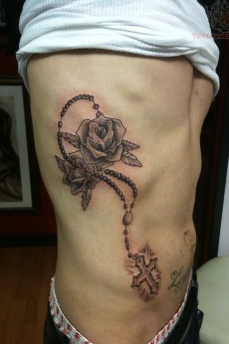 Rose + Cross Tattoo on Rib