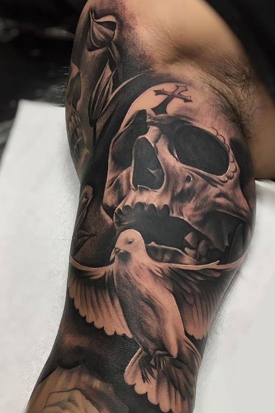Skull + Dove Tattoo on Arm
