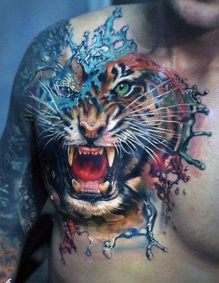 Water Color Tiger Tattoo on Chest