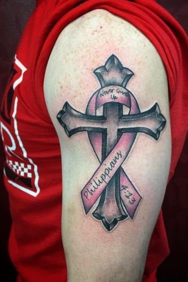 Cross + Cancer Ribbon Tattoo on Upper Arm