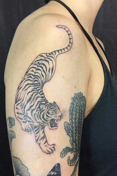 Plant and tiger Tattoo on upper arm