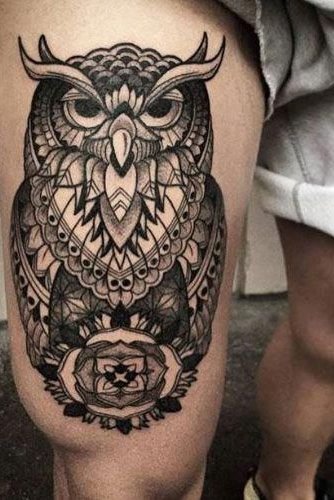 Owl Tattoo on Thigh for Men