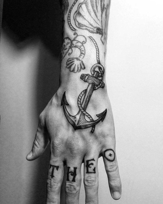 Anchor Tattoo on Hand + Words on Finger