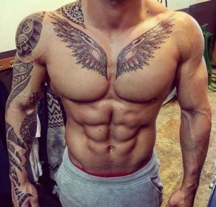 six packs wing tattoo on chest for men