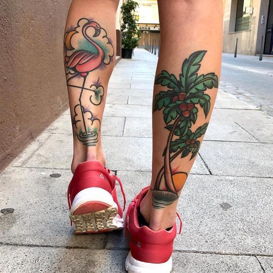 Flower & Birds Mix Tattoo on Calf
