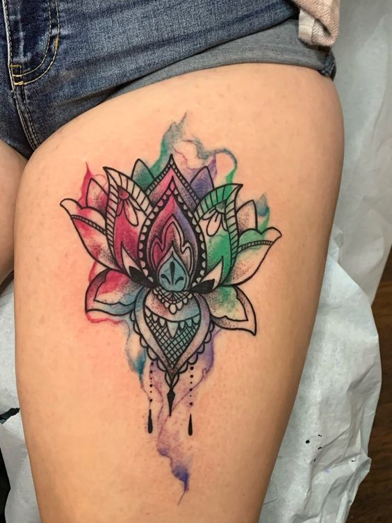 Lotus flower mandala tattoo on thigh