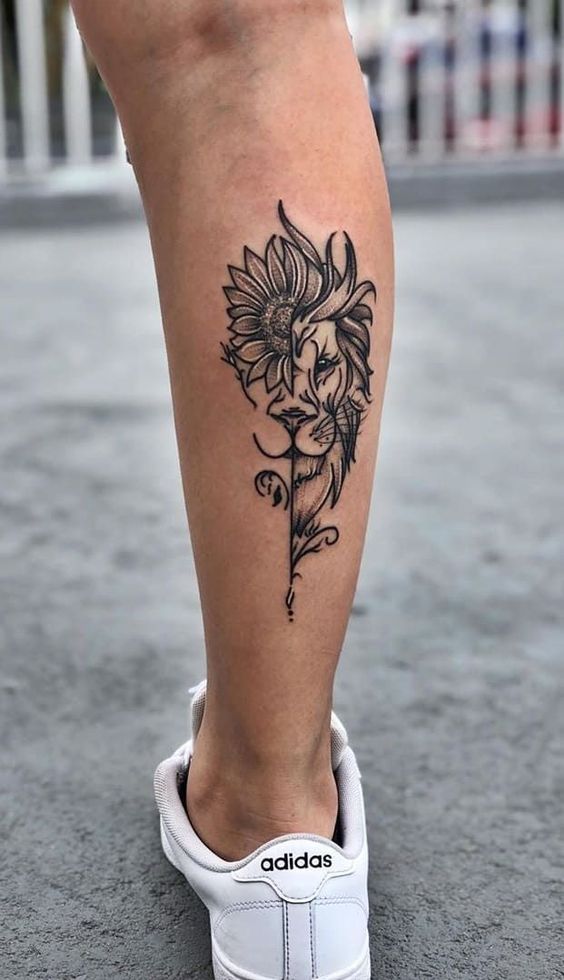 flower & Lion Mix Tattoo on Calf