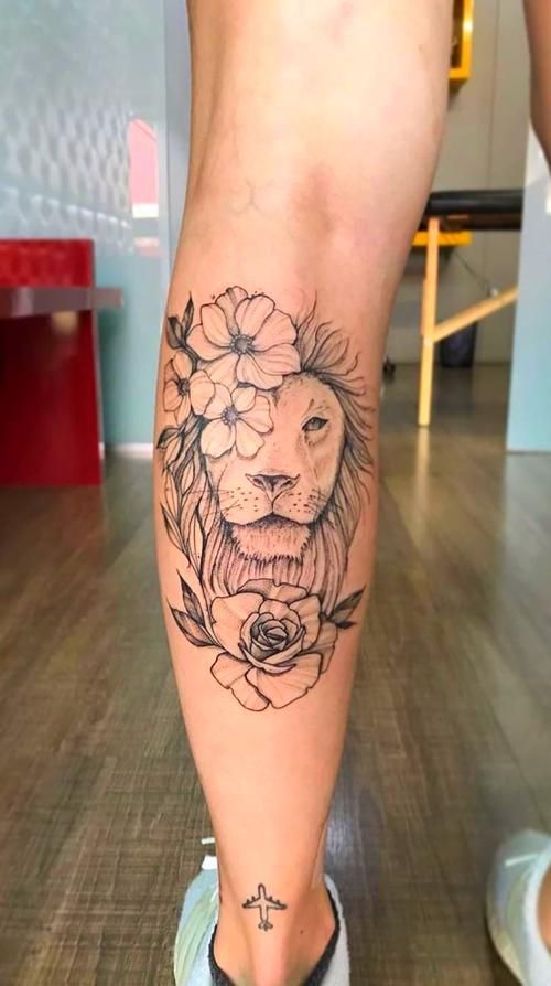 flower & Lion Mix Tattoo on Calf